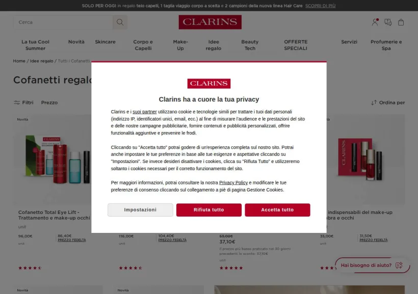 Schermata della pagina offerta di Clarins