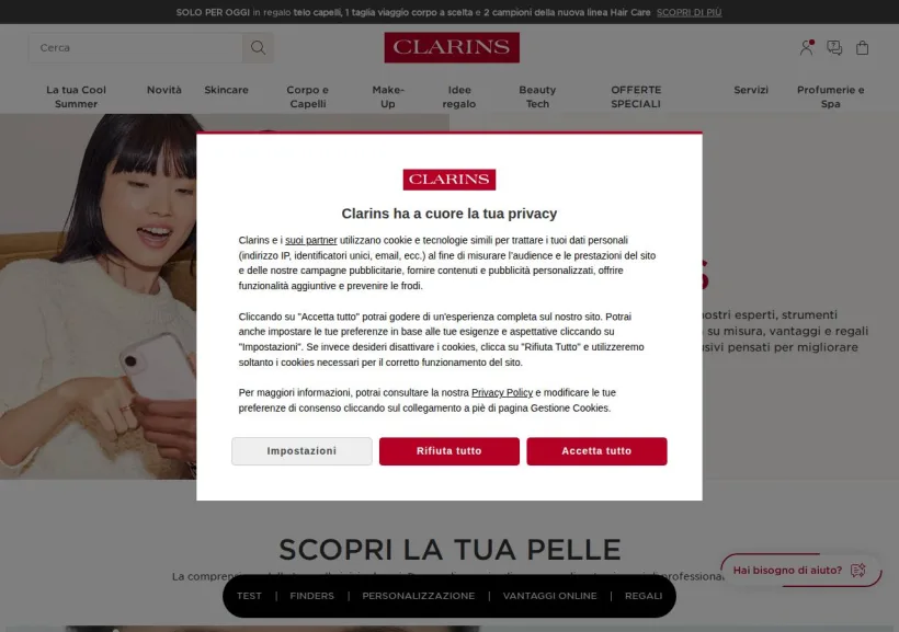 Schermata della pagina offerta di Clarins