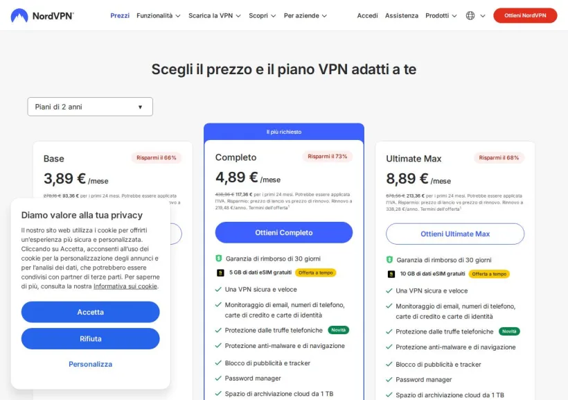 Schermata della pagina offerta di NordVPN