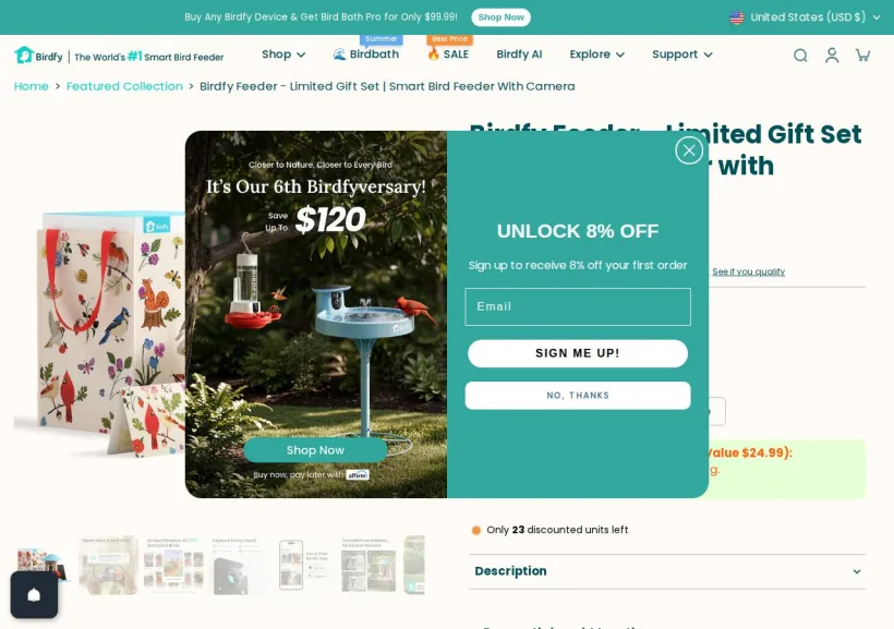 Schermata della pagina offerta di Birdfy