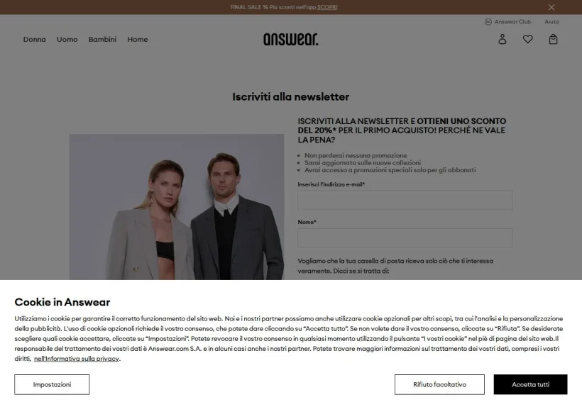 Schermata della pagina offerta di Answear