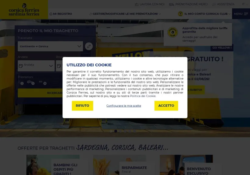 Schermata della pagina offerta di Corsica Ferries