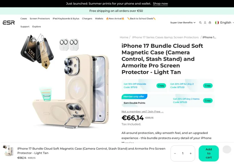Schermata della pagina offerta di ESR Tech (EU)