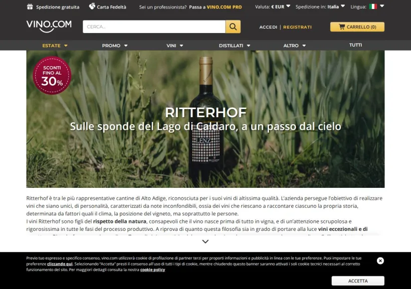 Schermata della pagina offerta di Vino.com