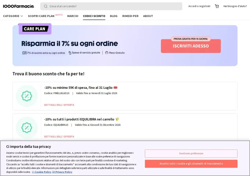 Schermata della pagina offerta di 1000Farmacie