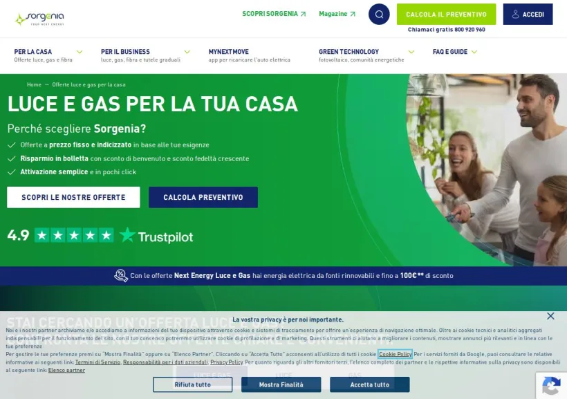 Schermata della pagina offerta di Sorgenia
