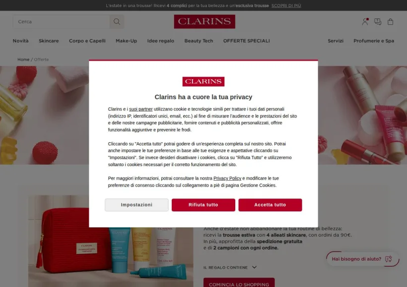 Schermata della pagina offerta di Clarins