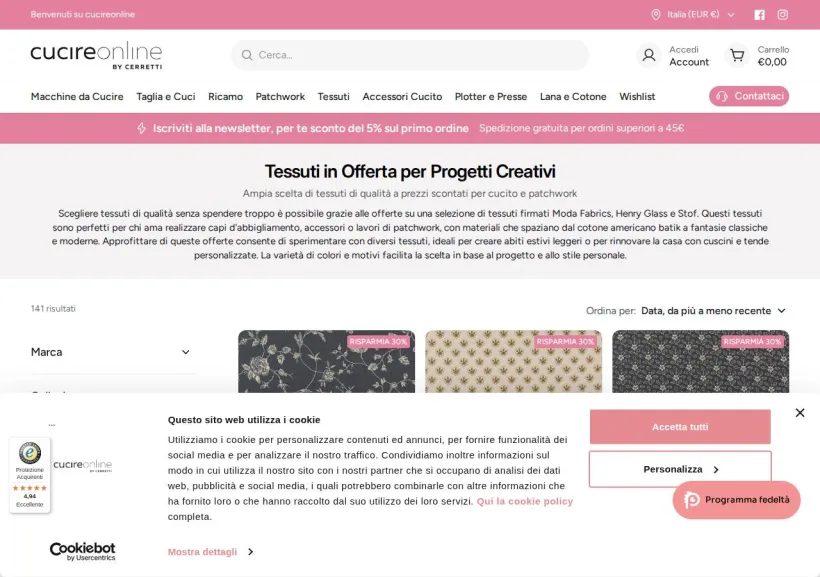Schermata della pagina offerta di Cucire Online