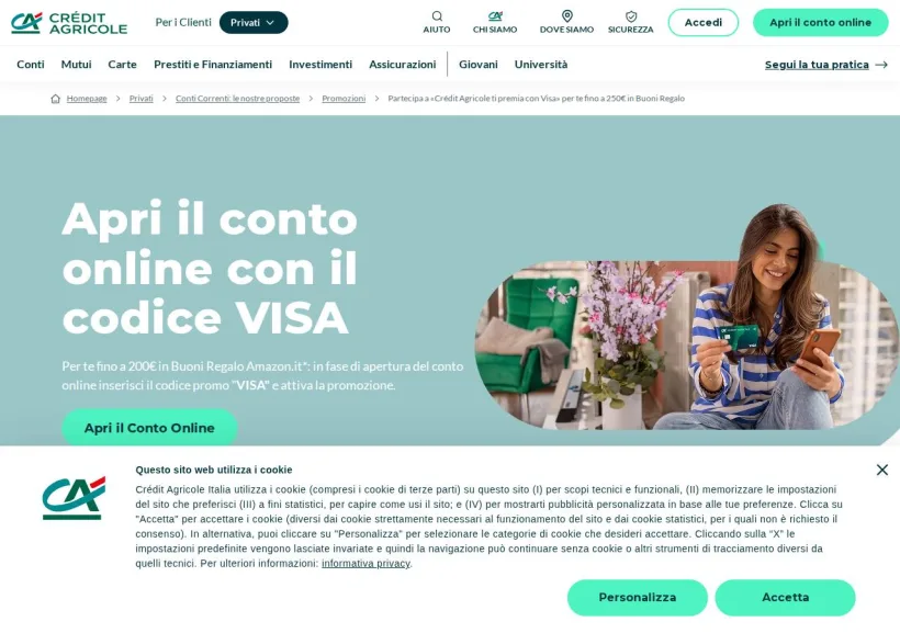 Schermata della pagina offerta di Crédit Agricole