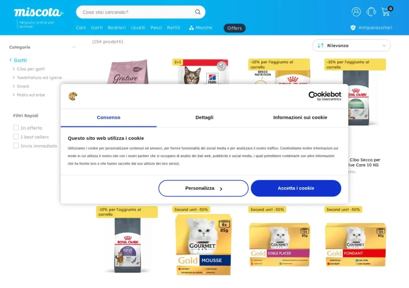 Schermata della pagina offerta di Miscota