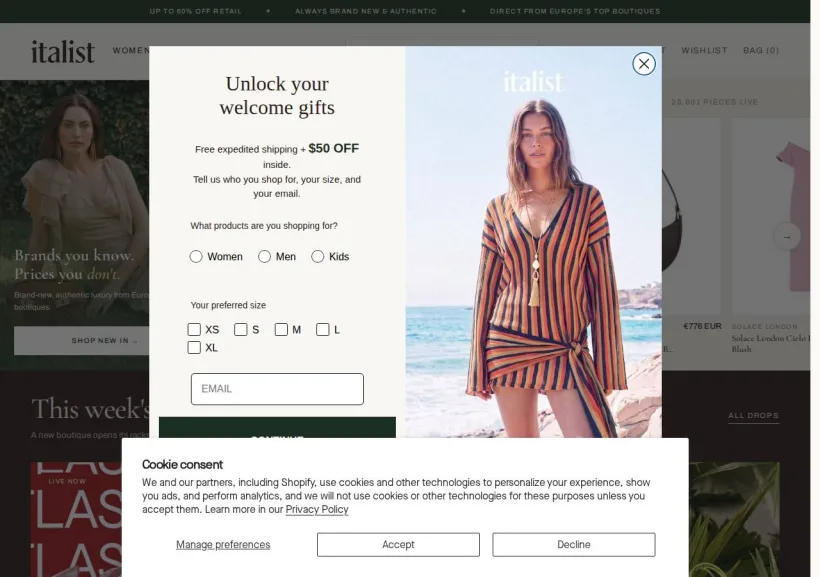Schermata della pagina offerta di Italist