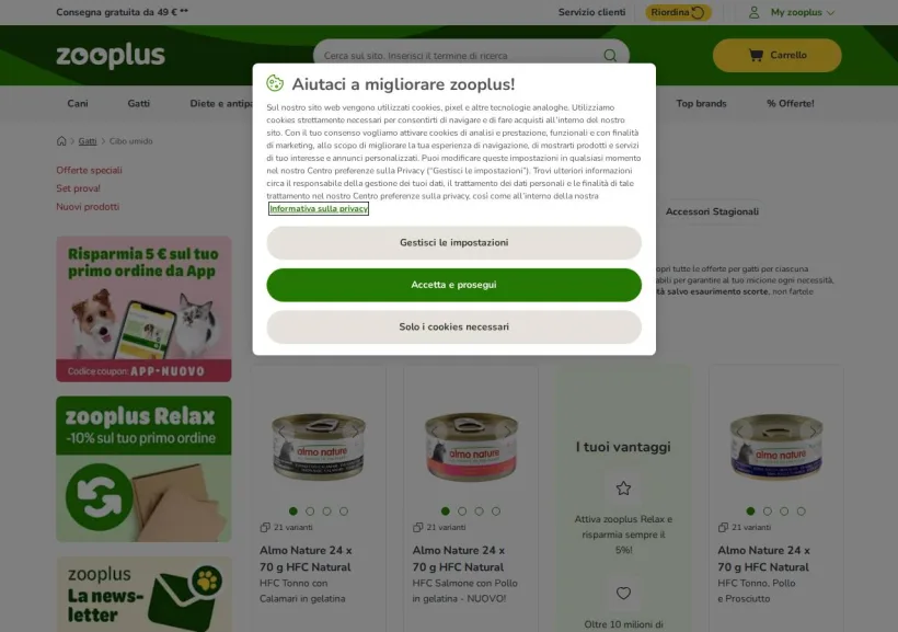 Schermata della pagina offerta di Zooplus