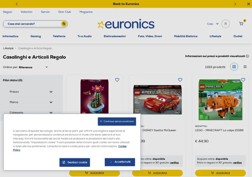 Schermata della pagina offerta di Euronics