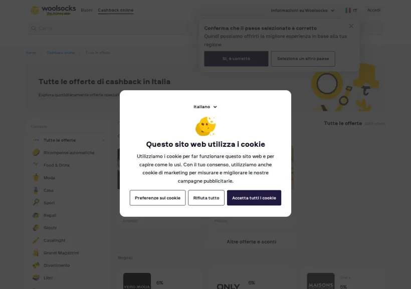 Schermata della pagina offerta di Woolsocks