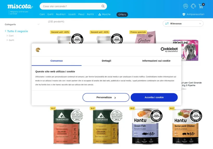 Schermata della pagina offerta di Miscota