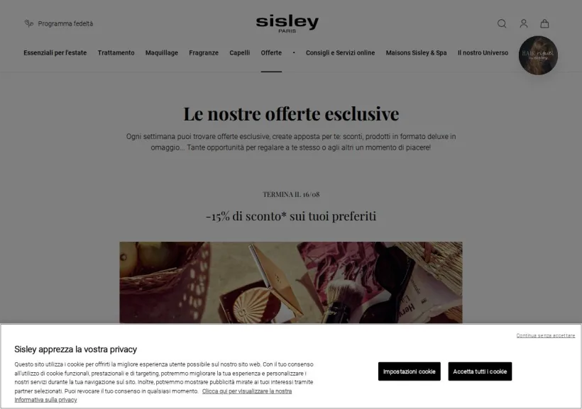 Schermata della pagina offerta di Sisley Paris