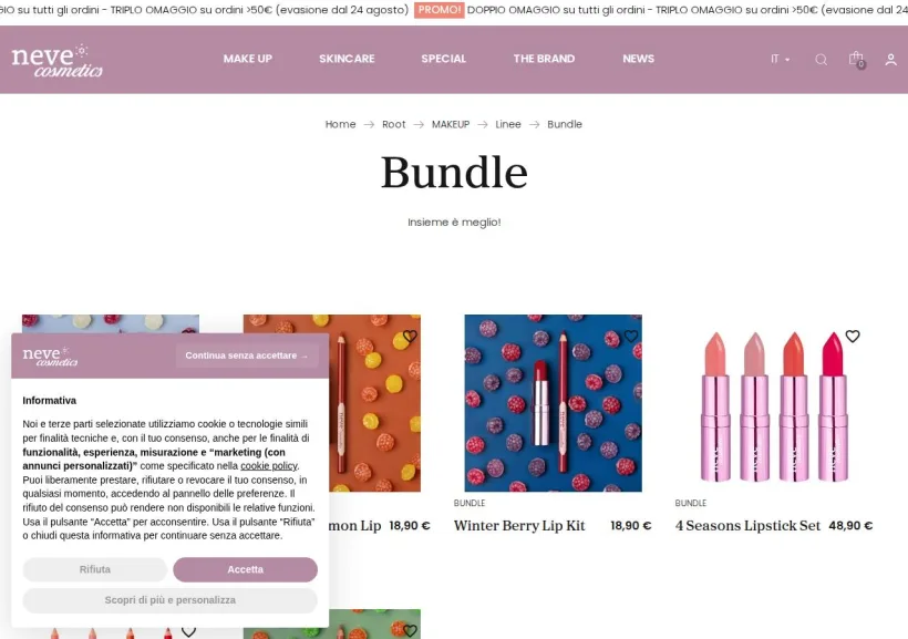 Schermata della pagina offerta di Neve Cosmetics