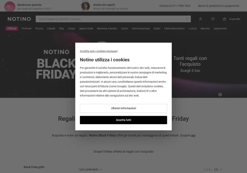 Schermata della pagina offerta di Notino