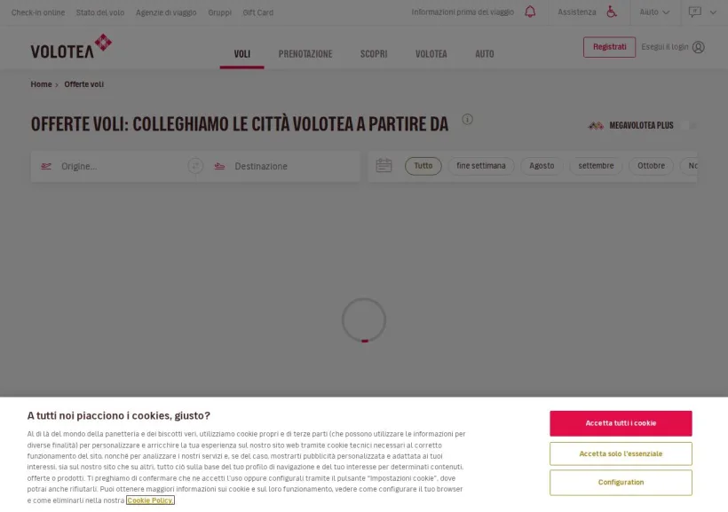 Schermata della pagina offerta di Volotea
