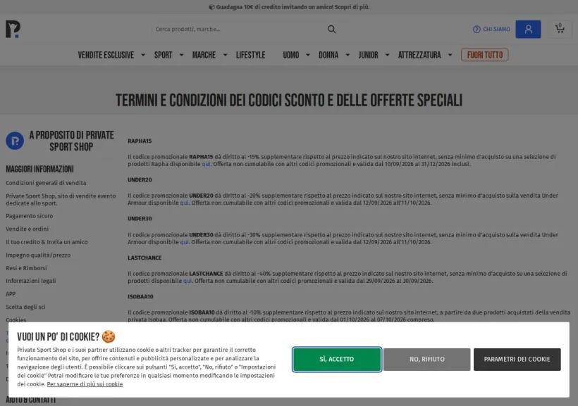 Schermata della pagina offerta di Private Sport Shop