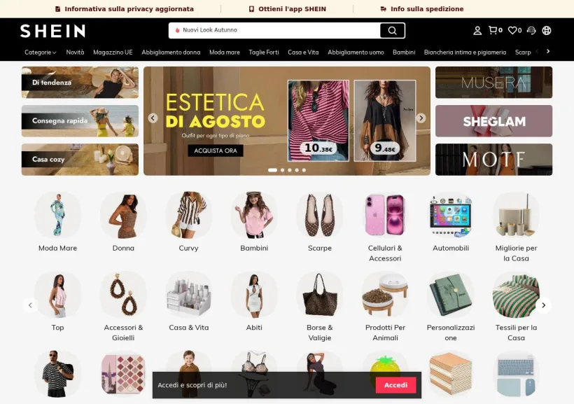 Schermata della pagina offerta di Shein