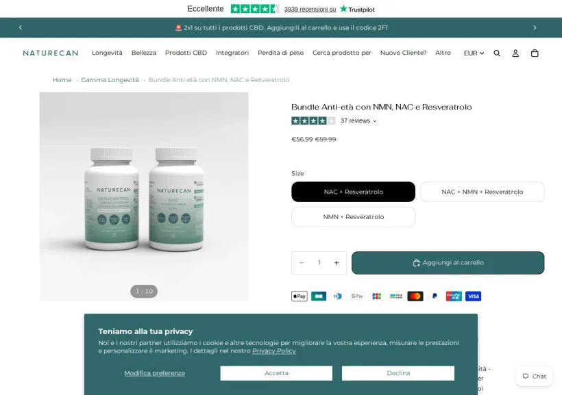 Schermata della pagina offerta di Naturecan