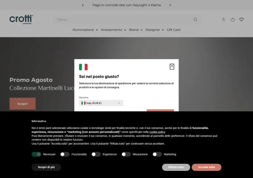 Schermata della pagina offerta di Crotti Lampadari