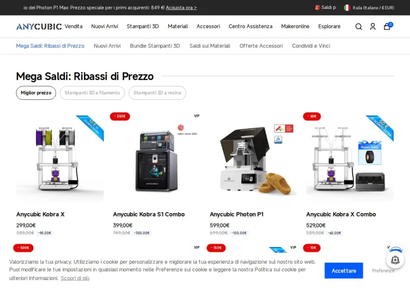 Schermata della pagina offerta di Anycubic