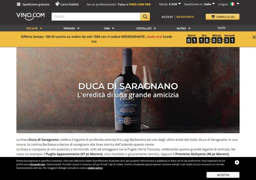 Schermata della pagina offerta di Vino.com