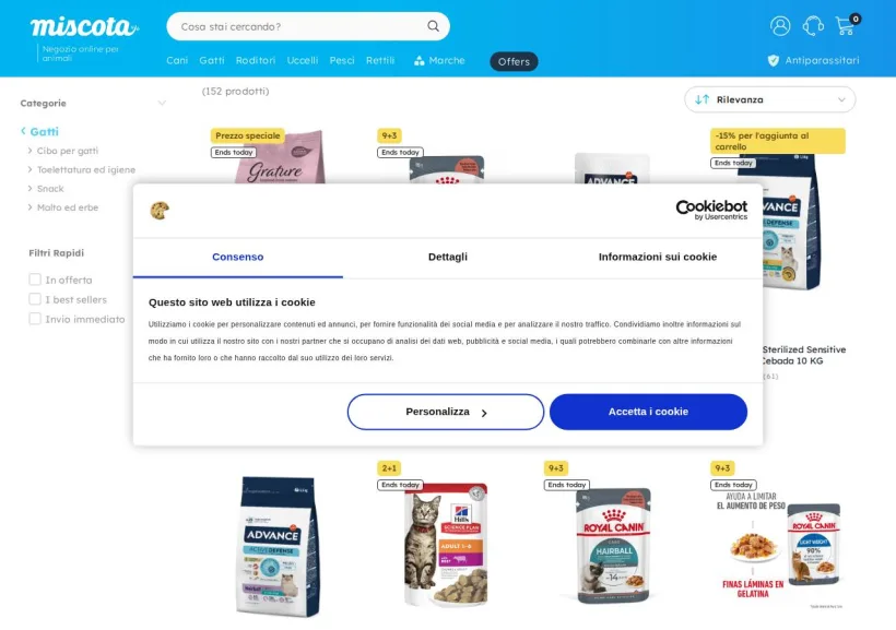 Schermata della pagina offerta di Miscota