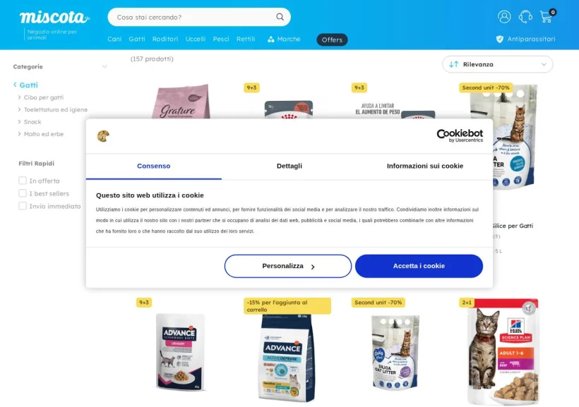 Schermata della pagina offerta di Miscota