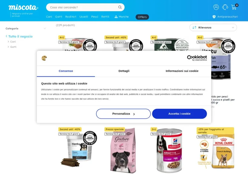Schermata della pagina offerta di Miscota
