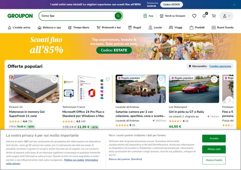 Schermata della pagina offerta di Groupon