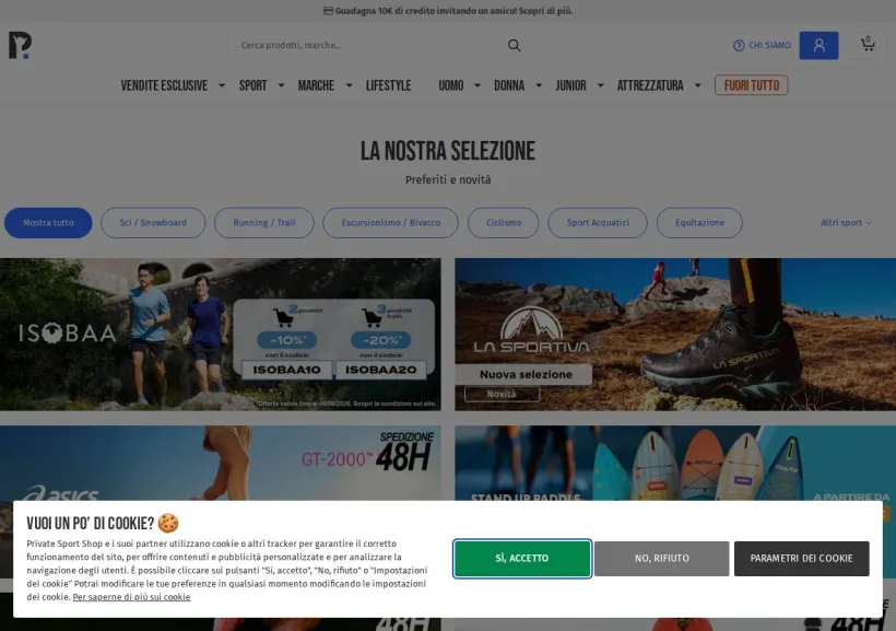 Schermata della pagina offerta di Private Sport Shop