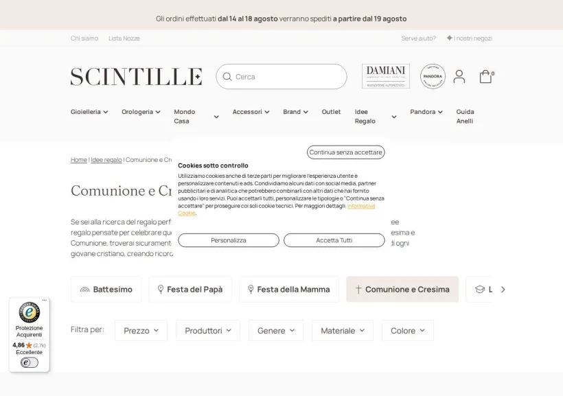 Schermata della pagina offerta di SCINTILLE