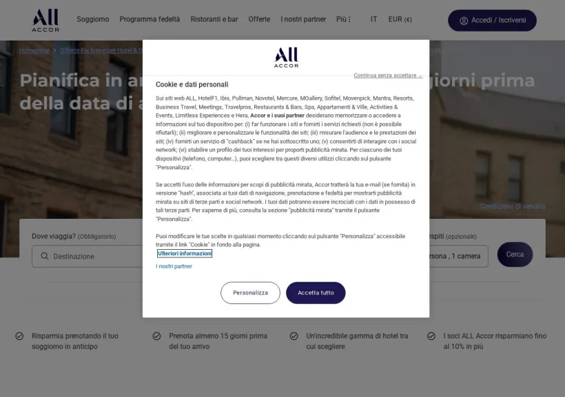 Schermata della pagina offerta di ALL Accor Live Limitless