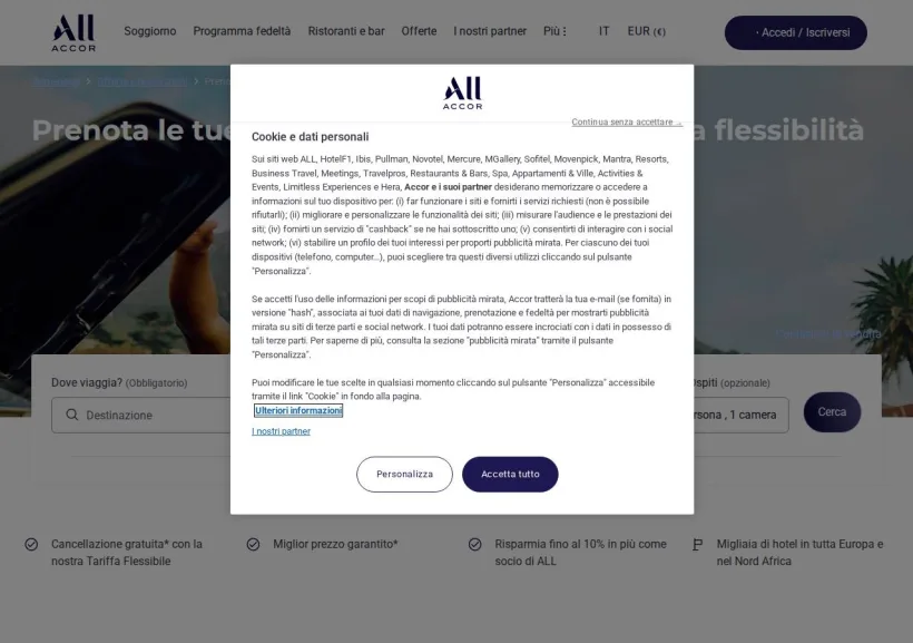 Schermata della pagina offerta di ALL Accor Live Limitless