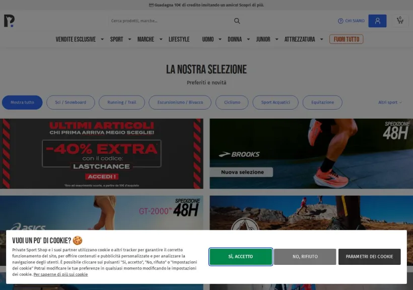 Schermata della pagina offerta di Private Sport Shop