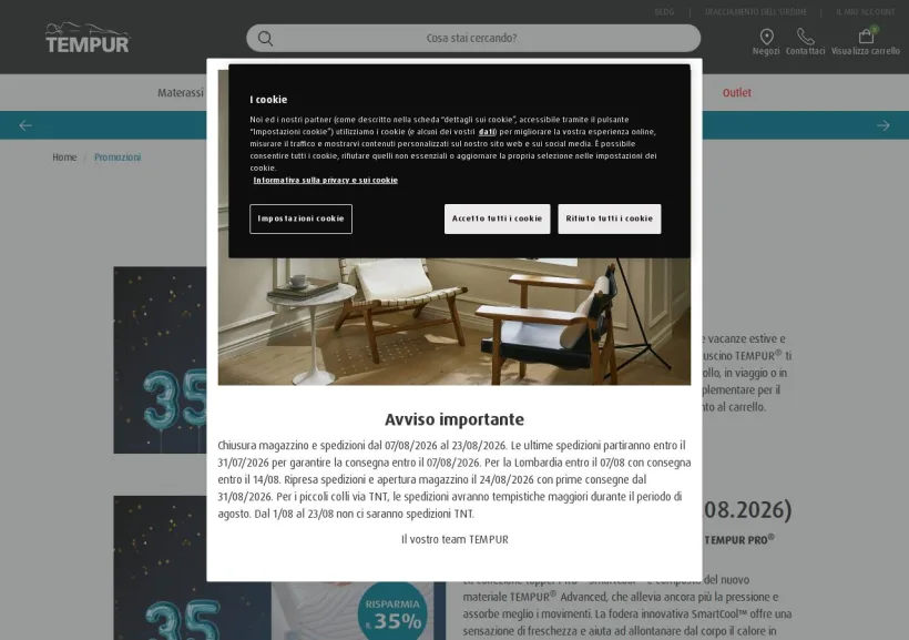 Schermata della pagina offerta di Tempur