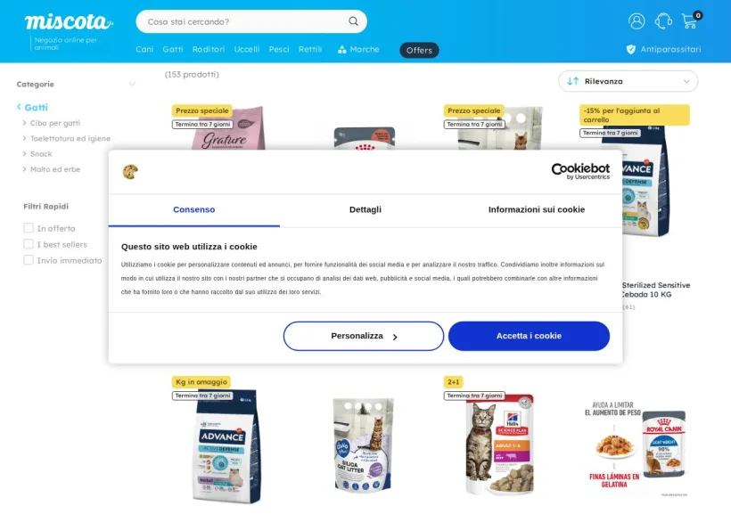 Schermata della pagina offerta di Miscota
