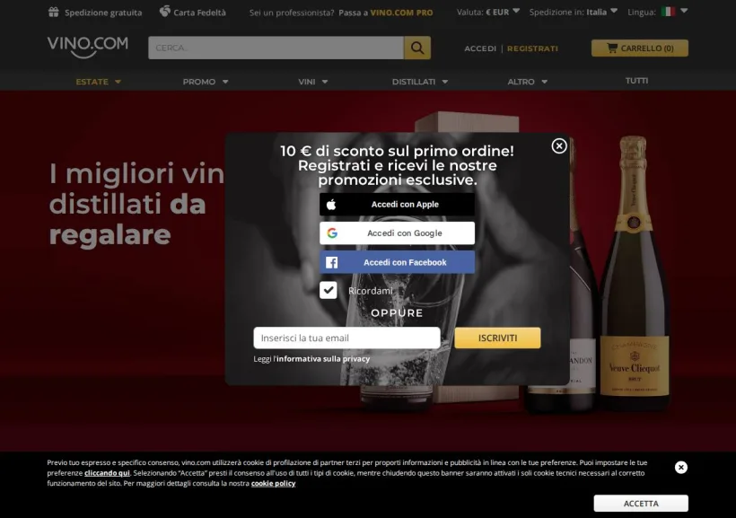 Schermata della pagina offerta di Vino.com