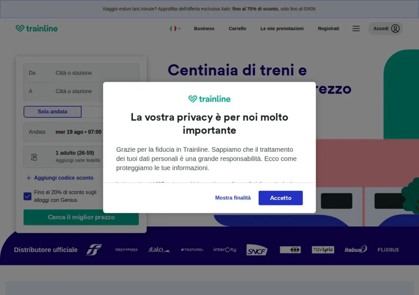 Schermata della pagina offerta di Trainline
