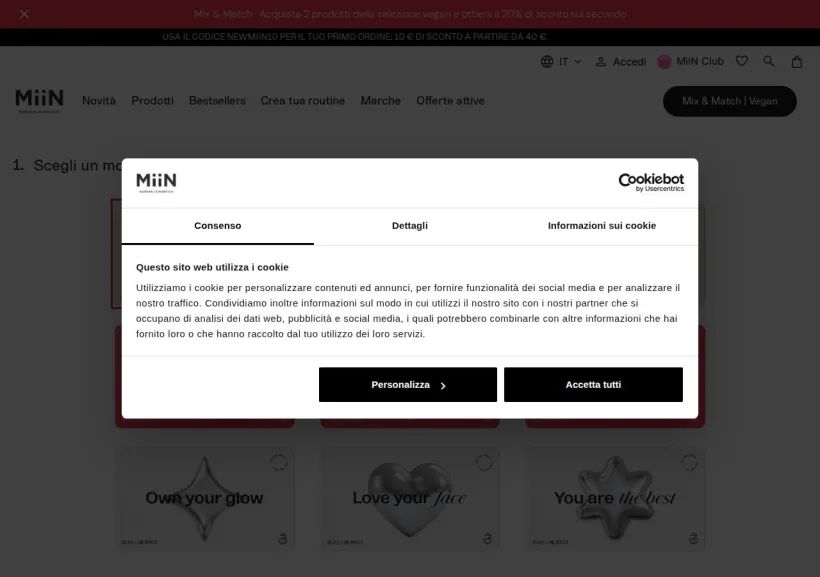 Schermata della pagina offerta di Miin Cosmetics