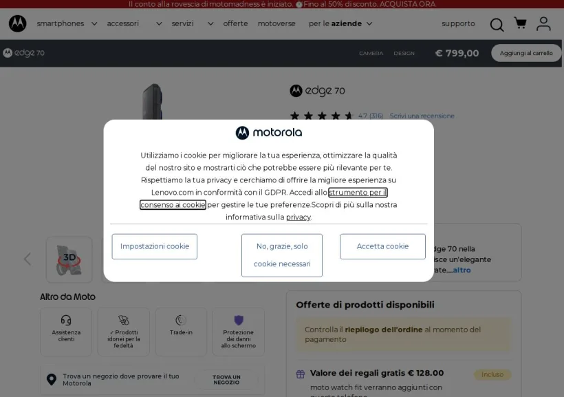 Schermata della pagina offerta di Motorola
