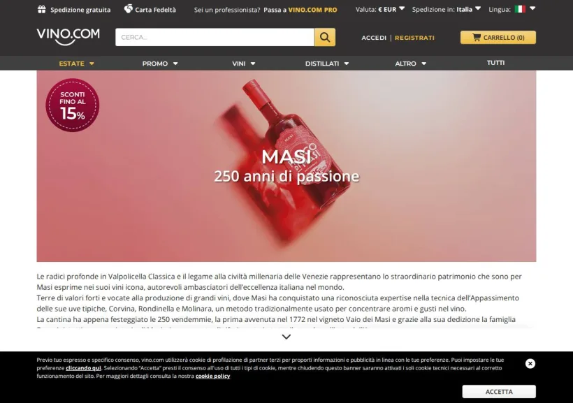Schermata della pagina offerta di Vino.com