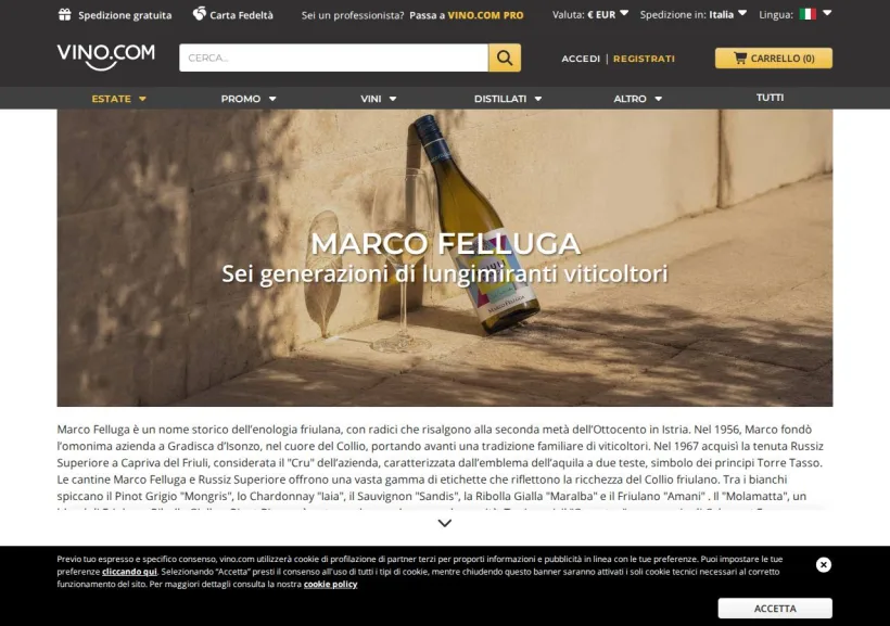 Schermata della pagina offerta di Vino.com
