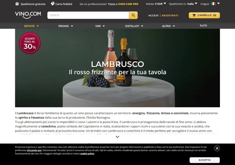 Schermata della pagina offerta di Vino.com