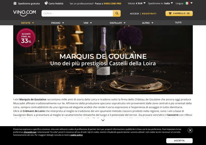 Schermata della pagina offerta di Vino.com