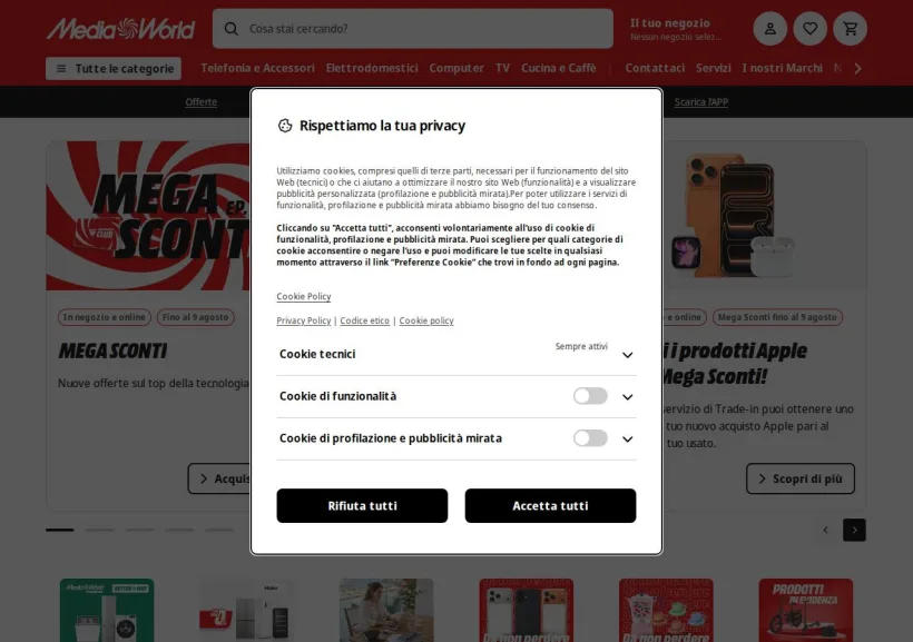 Schermata della pagina offerta di Mediaworld