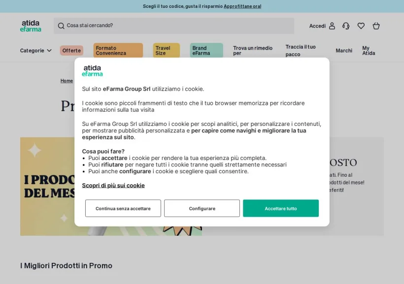 Schermata della pagina offerta di eFarma